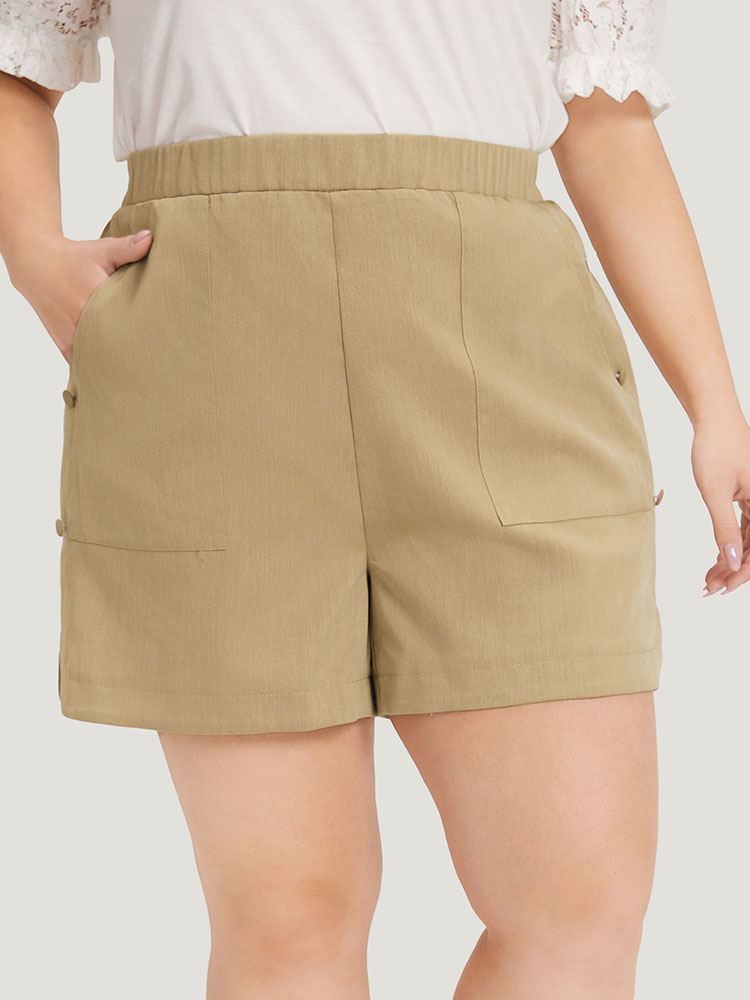 Plus Size Plain Slant Pocket Curved Hem Button Detail Shorts Women LightBrown Elegant Plain Dailywear Shorts BloomChic 18-20/2X 