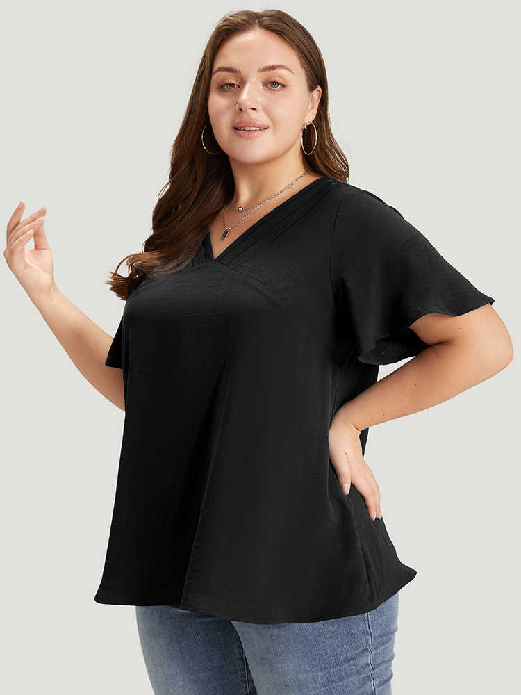 Plus Size Black Solid Pleated V Neck Blouse Women Office Short sleeve V-neck Dailywear Blouses BloomChic 26/4X 