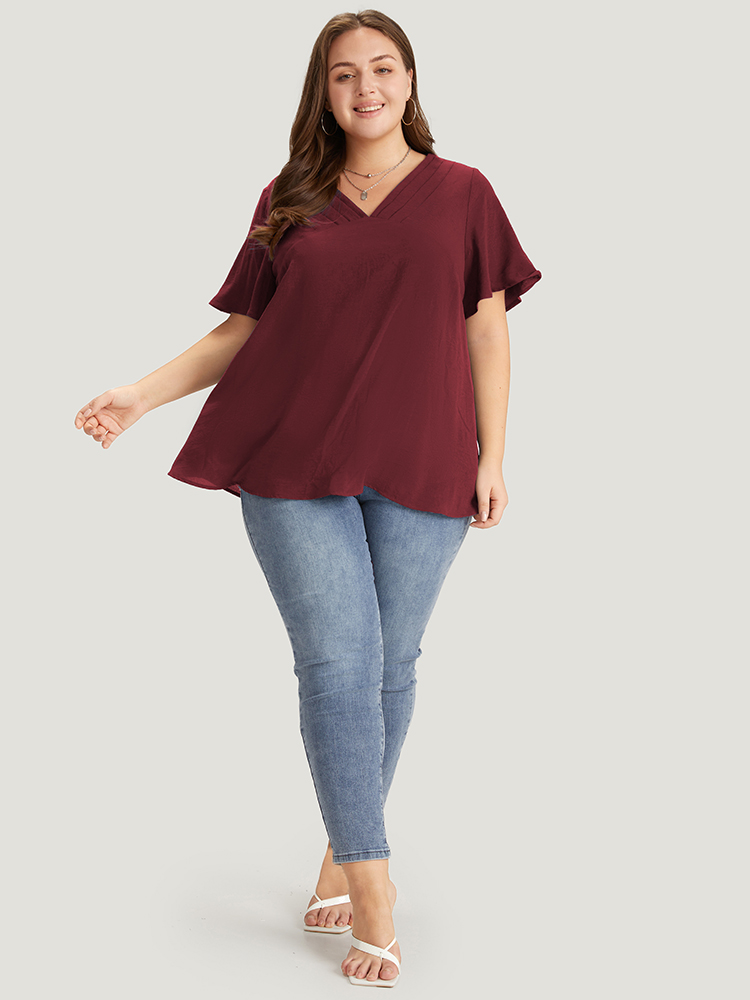 

Plus Size Burgundy Solid Pleated V Neck Blouse Women Office Short sleeve V-neck Dailywear Blouses BloomChic