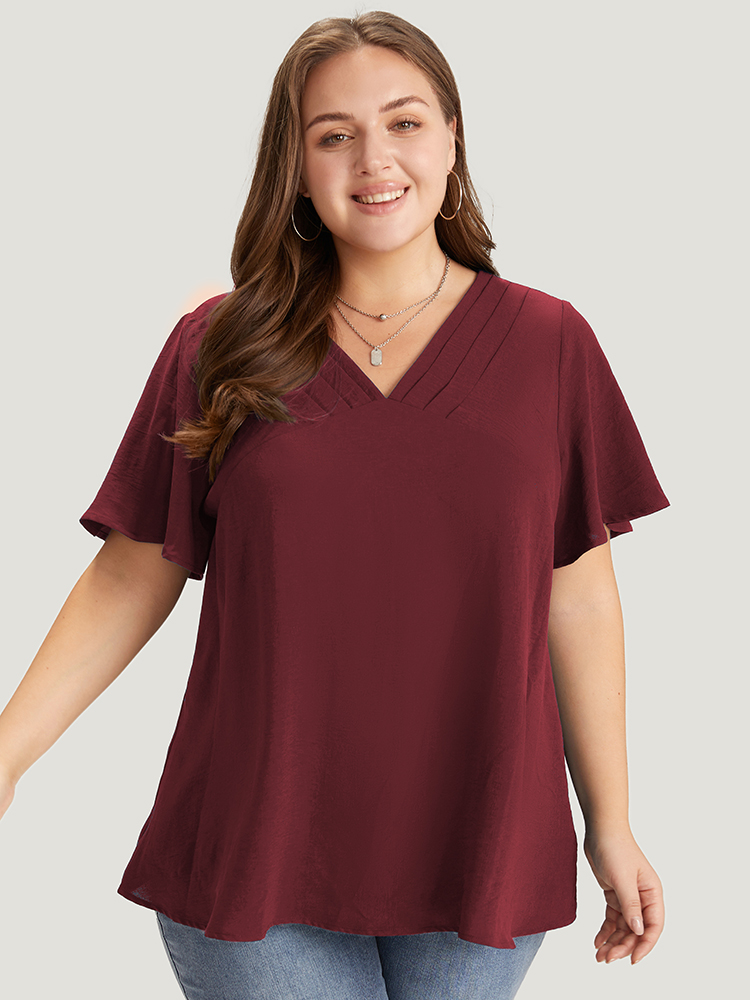 

Plus Size Burgundy Solid Pleated V Neck Blouse Women Office Short sleeve V-neck Dailywear Blouses BloomChic