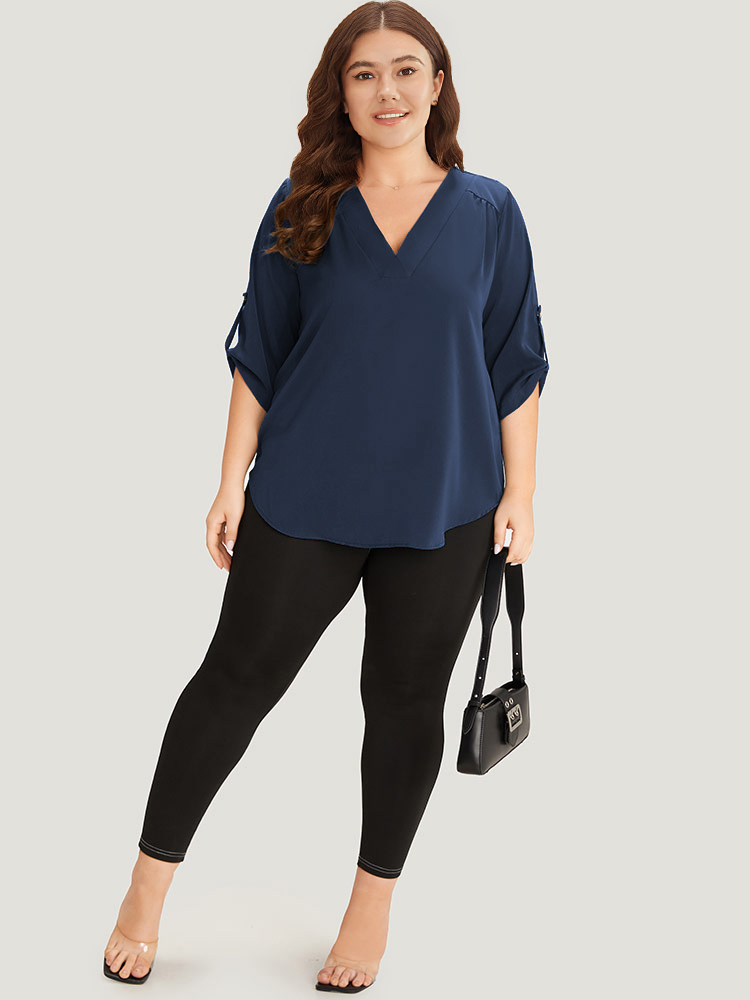 

Plus Size Indigo Solid Cuffed Sleeve Gathered Curved Hem Blouse Women Office Elbow-length sleeve V-neck Work Blouses BloomChic