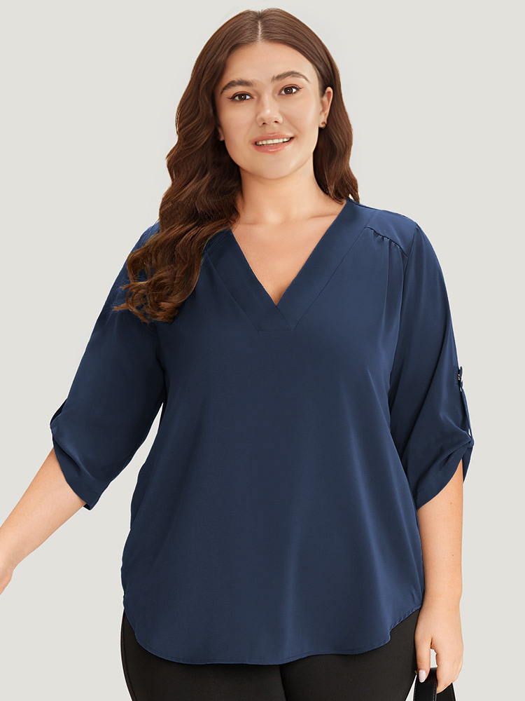 

Plus Size Indigo Solid Cuffed Sleeve Gathered Curved Hem Blouse Women Office Elbow-length sleeve V-neck Work Blouses BloomChic