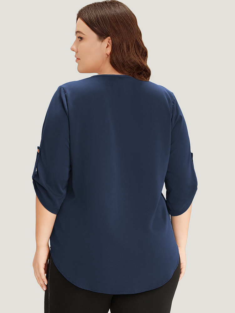 Plus Size Indigo Solid Cuffed Sleeve Gathered Curved Hem Blouse Women Office Elbow-length sleeve V-neck Work Blouses BloomChic 26/4X 