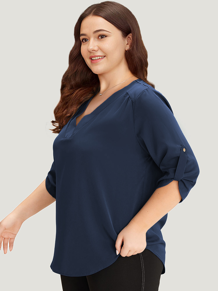 Plus Size Indigo Solid Cuffed Sleeve Gathered Curved Hem Blouse Women Office Elbow-length sleeve V-neck Work Blouses BloomChic 26/4X 