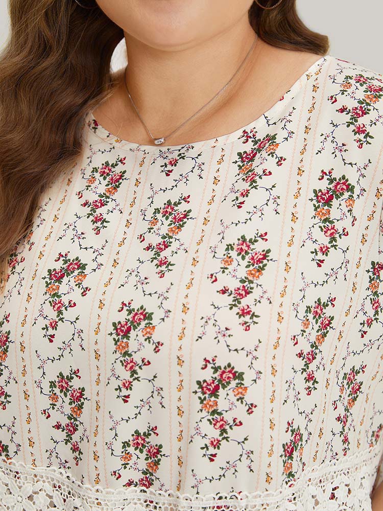 Plus Size White Ditsy Floral Lace Panel Elastic Waist Blouse Women Elegant Short sleeve Round Neck Dailywear Blouses BloomChic 22-24/3X 