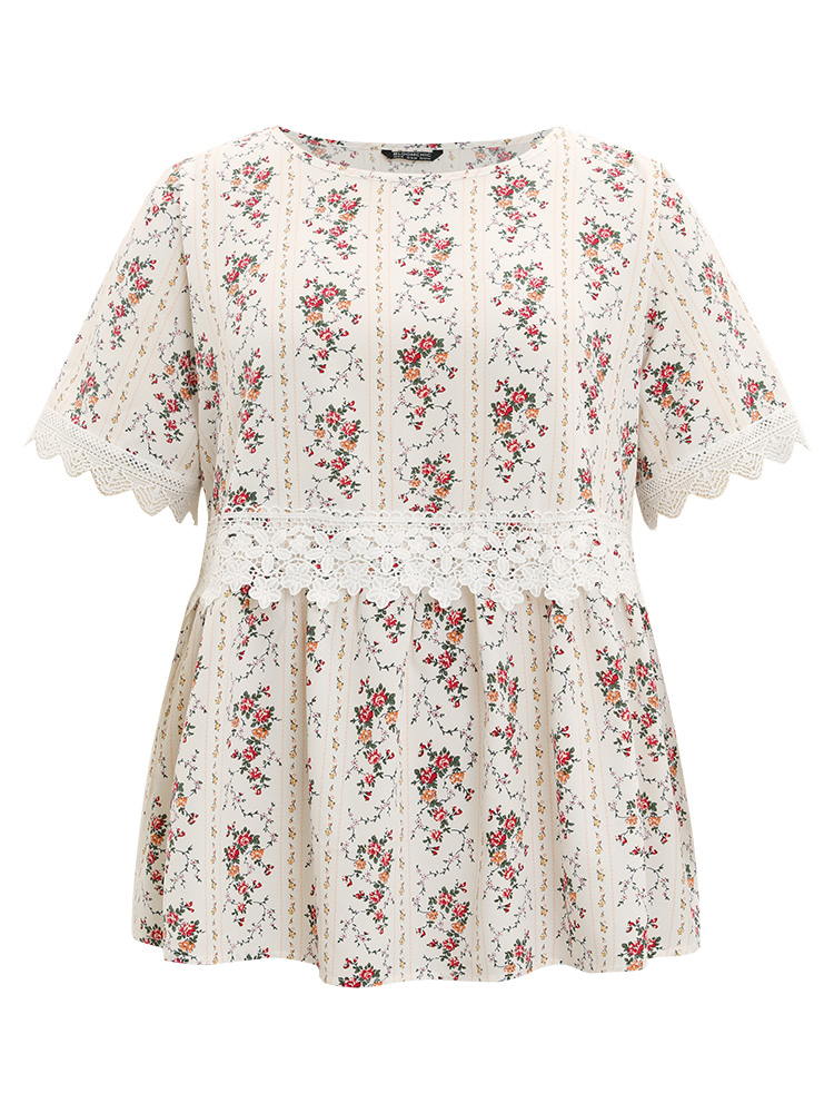 Plus Size White Ditsy Floral Lace Panel Elastic Waist Blouse Women Elegant Short sleeve Round Neck Dailywear Blouses BloomChic 22-24/3X 