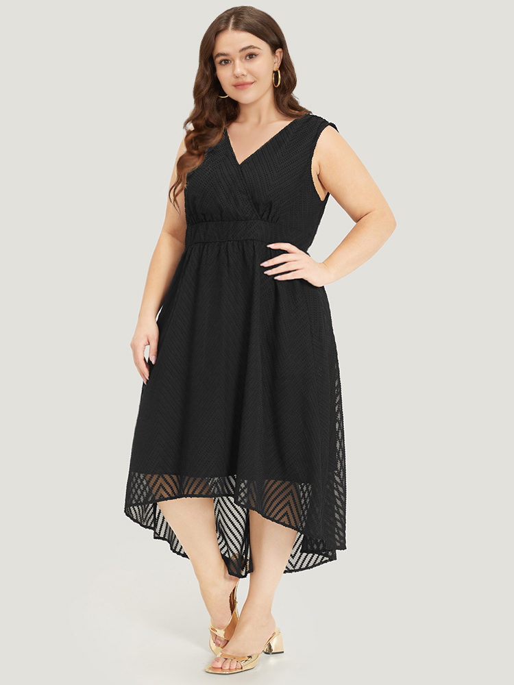 Plus Size Solid Pocket Wrap High Low Hem Tank Dress Black Women Glamour Plain V-neck Sleeveless Curvy Midi Dress BloomChic 28/5X 