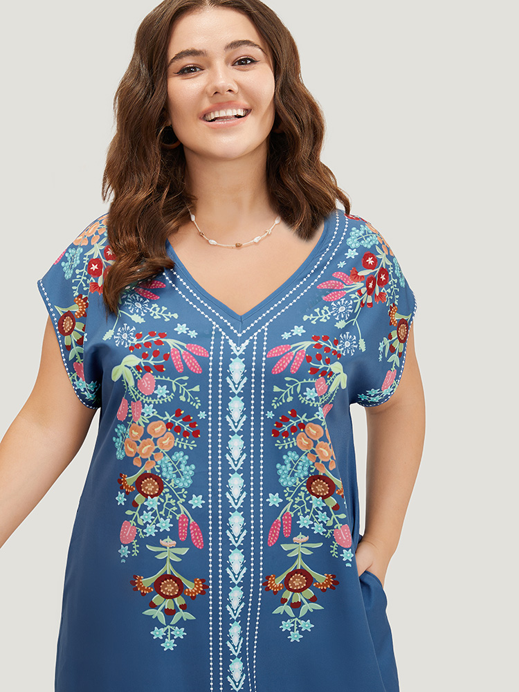 Plus Size Women Dailywear Bohemian Print Pocket Dolman Sleeve Short sleeve V-neck Pocket Vacation Dresses BloomChic 