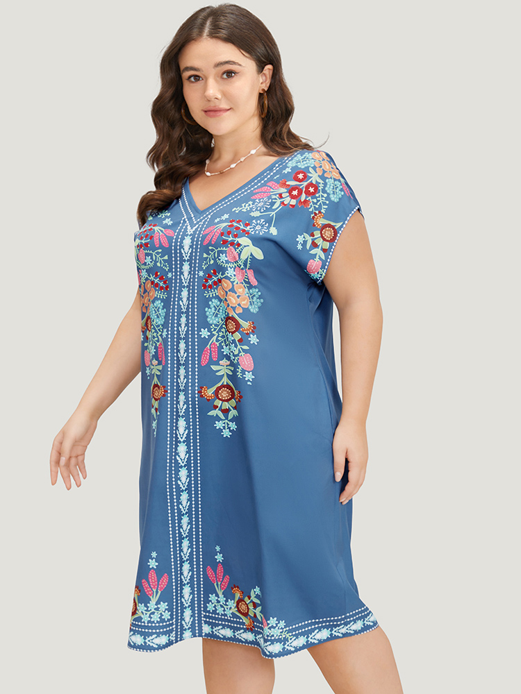 Plus Size Women Dailywear Bohemian Print Pocket Dolman Sleeve Short sleeve V-neck Pocket Vacation Dresses BloomChic 