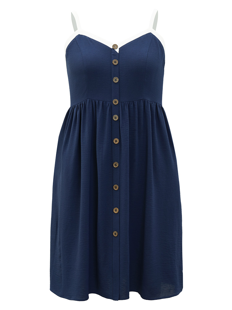 Plus Size Contrast Trim Pocket Button Detail Gathered Cami Dress Indigo Women Office Adjustable Straps Spaghetti Strap Sleeveless Curvy Midi Dress BloomChic 30/6X 
