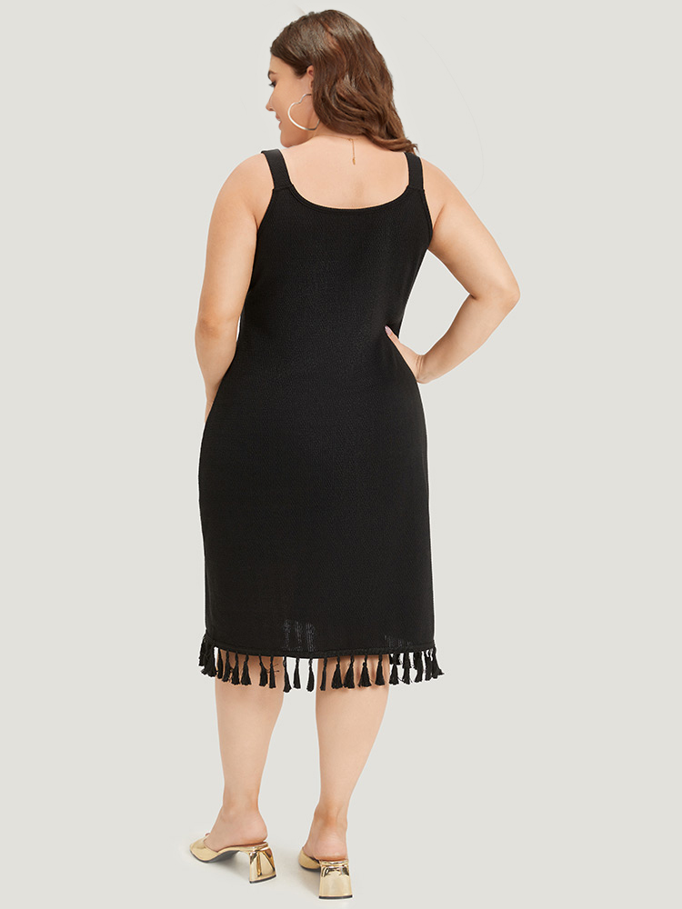 Plus Size Plain Tassel Trim Adjustable Straps Cami Dress Black Women Glamour Adjustable Straps Spaghetti Strap Sleeveless Curvy Midi Dress BloomChic 12/L 