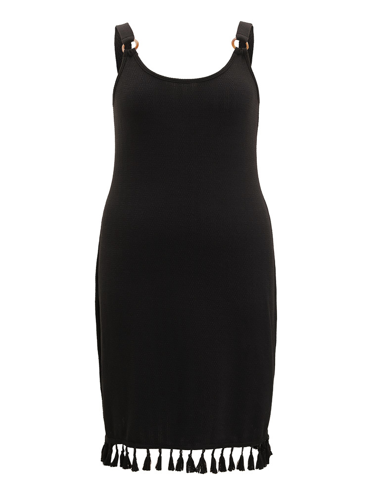 Plus Size Plain Tassel Trim Adjustable Straps Cami Dress Black Women Glamour Adjustable Straps Spaghetti Strap Sleeveless Curvy Midi Dress BloomChic 12/L 