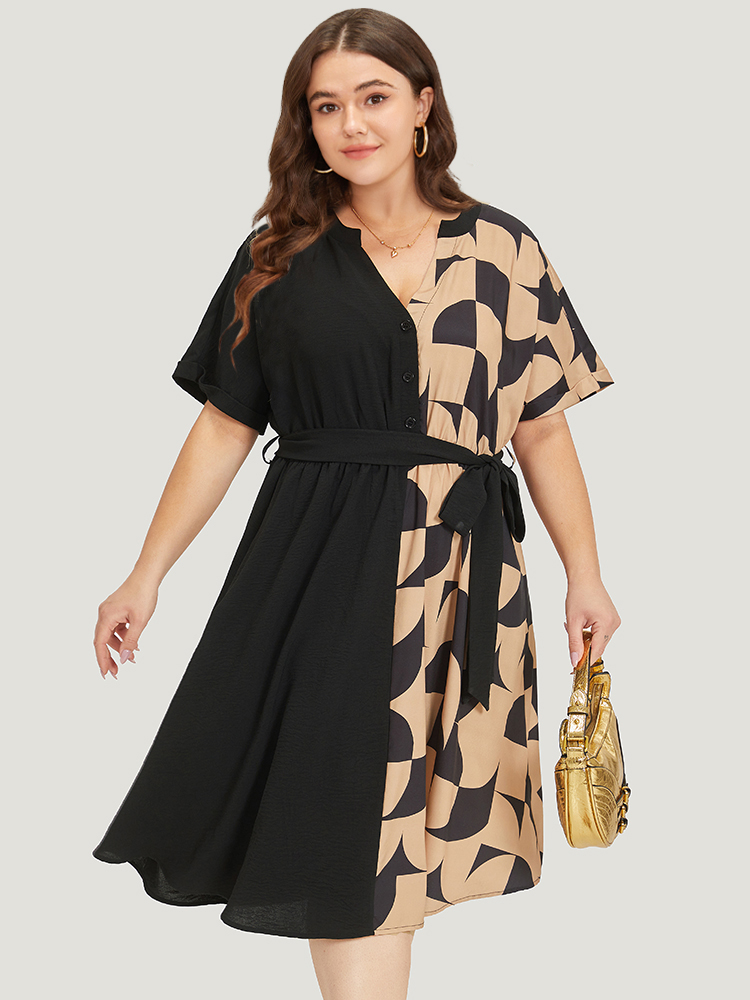 

Plus Size Geometric Patchwork Pocket Belted Notched Dress Bronze Women Office Plain Notched collar Short sleeve Curvy Midi Dress BloomChic