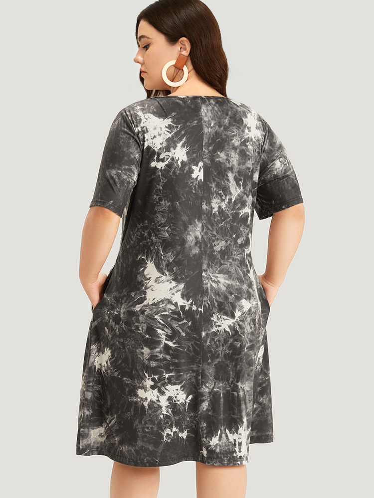 

Plus Size Marble Cut Out Pocket Zipper Midi Dress Black Women Casual Zipper Notched collar Short sleeve Curvy Knee Dress BloomChic