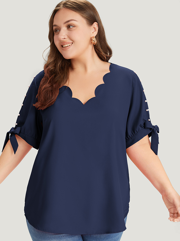 

Plus Size Indigo Plain Scalloped Trim Pearl Beaded Knot Sleeve Blouse Women Elegant Short sleeve V-neck Dailywear Blouses BloomChic