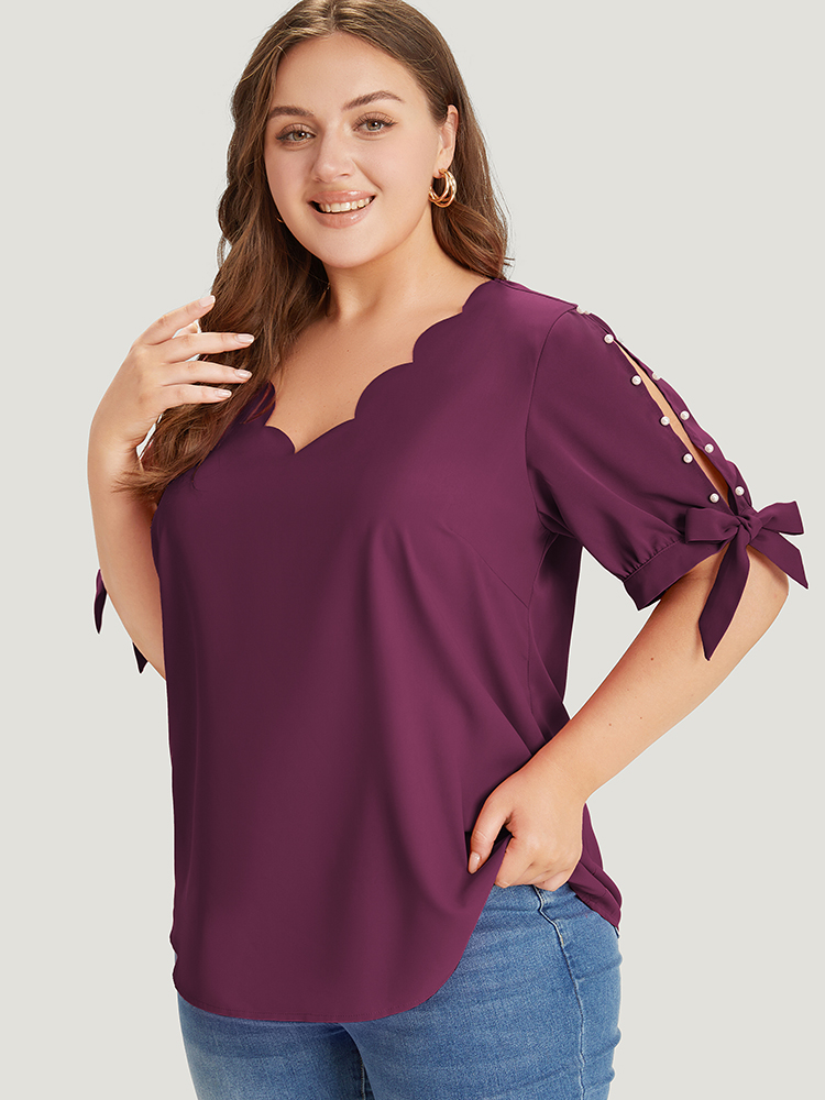 

Plus Size Eggplant Plain Scalloped Trim Pearl Beaded Knot Sleeve Blouse Women Elegant Short sleeve V-neck Dailywear Blouses BloomChic