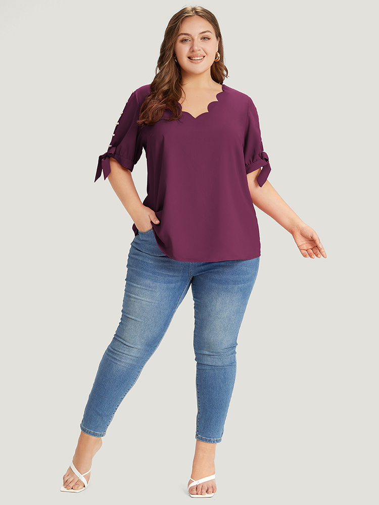 

Plus Size Eggplant Plain Scalloped Trim Pearl Beaded Knot Sleeve Blouse Women Elegant Short sleeve V-neck Dailywear Blouses BloomChic