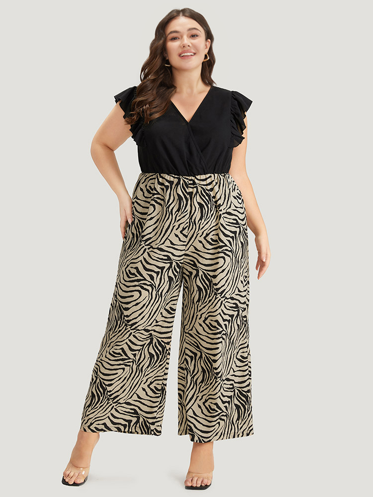 

Plus Size Black Zebra Patchwork Contrast Ruffle Cap Sleeve Pocket Jumpsuit Women Elegant Cap Sleeve V-neck Dailywear Loose Jumpsuits BloomChic