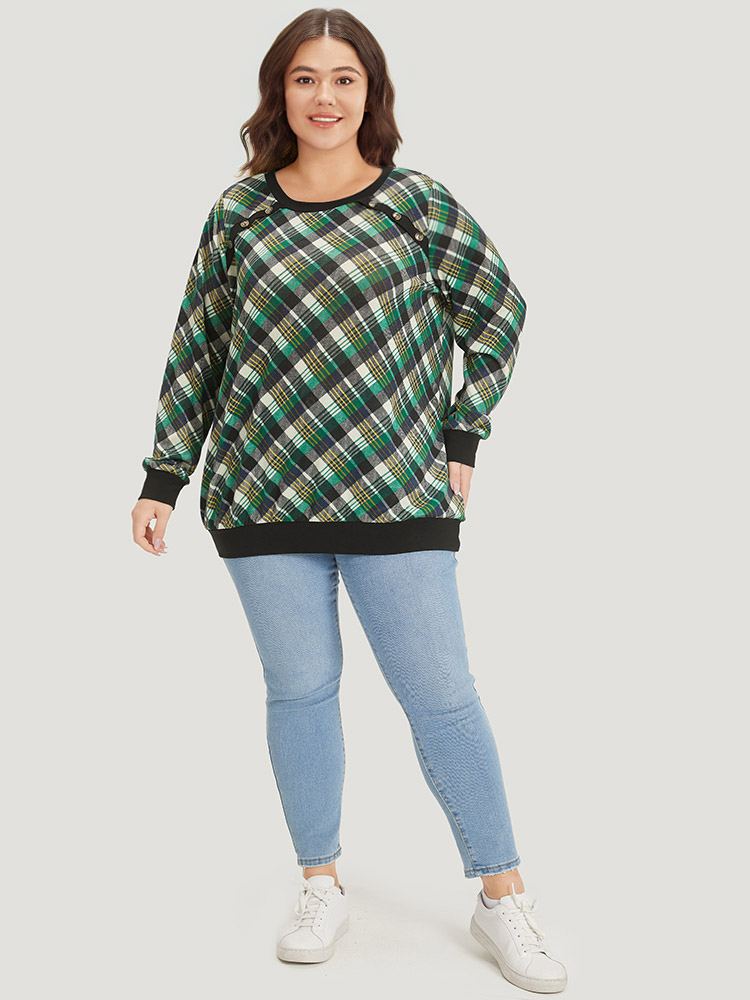 

Plus Size Plaid Button Detail Elastic Cuffs Crew Neck Sweatshirt Women Green Casual Elastic cuffs Round Neck Dailywear Sweatshirts BloomChic