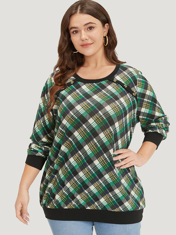 Plus Size Plaid Button Detail Elastic Cuffs Crew Neck Sweatshirt Women Green Casual Elastic cuffs Round Neck Dailywear Sweatshirts BloomChic 14-16/1X 