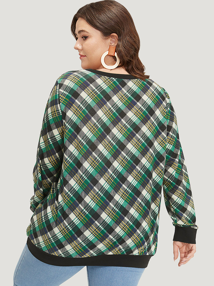 Plus Size Plaid Button Detail Elastic Cuffs Crew Neck Sweatshirt Women Green Casual Elastic cuffs Round Neck Dailywear Sweatshirts BloomChic 14-16/1X 