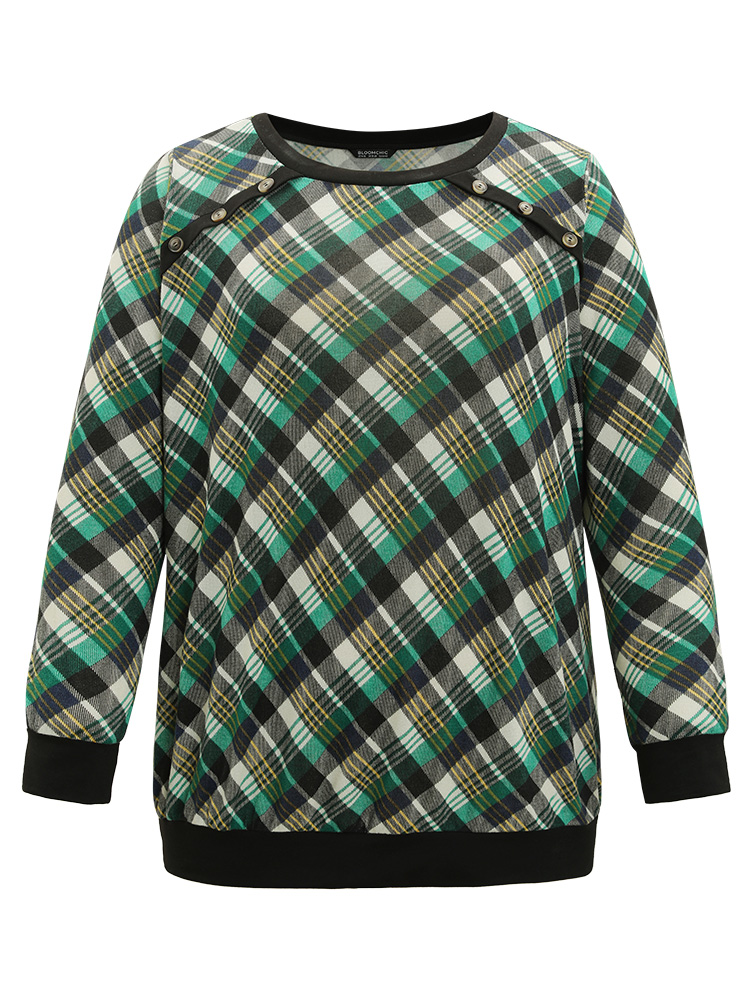 Plus Size Plaid Button Detail Elastic Cuffs Crew Neck Sweatshirt Women Green Casual Elastic cuffs Round Neck Dailywear Sweatshirts BloomChic 14-16/1X 