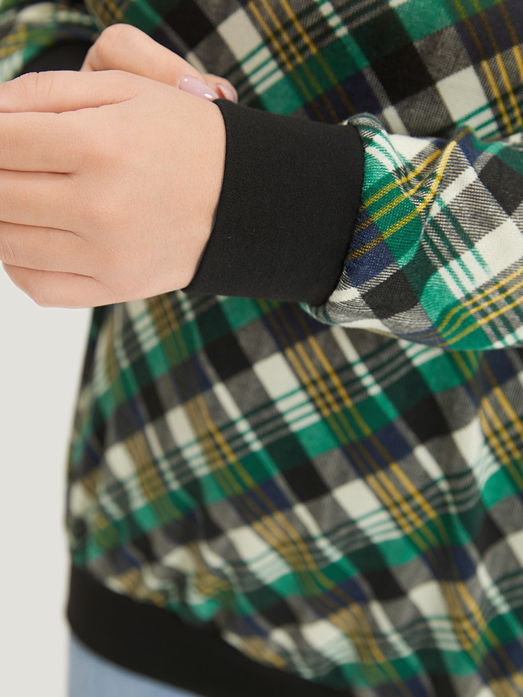 Plus Size Plaid Button Detail Elastic Cuffs Crew Neck Sweatshirt Women Green Casual Elastic cuffs Round Neck Dailywear Sweatshirts BloomChic 14-16/1X 