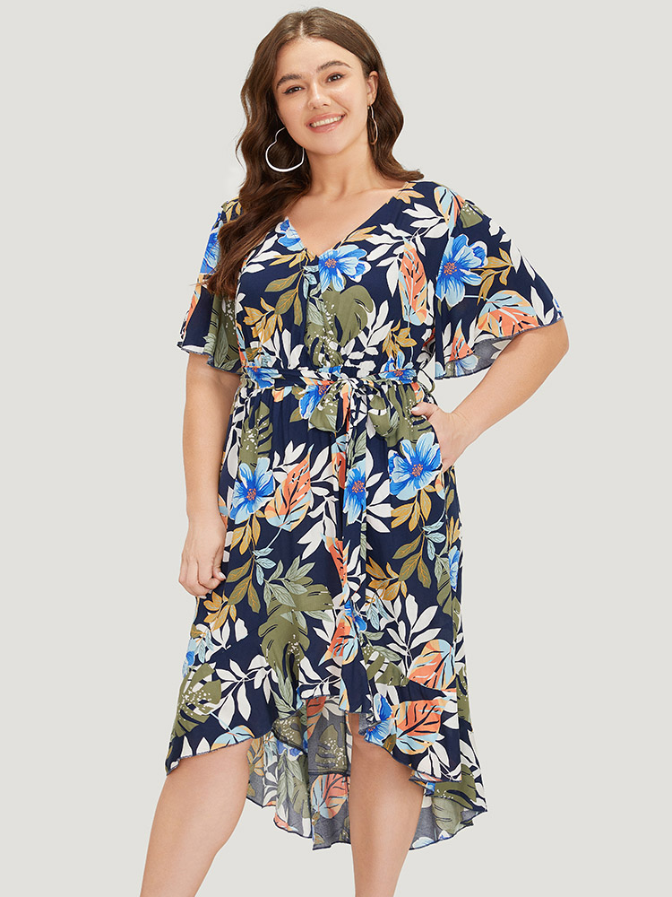 Plus Size Women Dailywear Floral Asymmetrical Ruffle Sleeve Short sleeve V-neck Pocket Belt Elegant Dresses BloomChic 