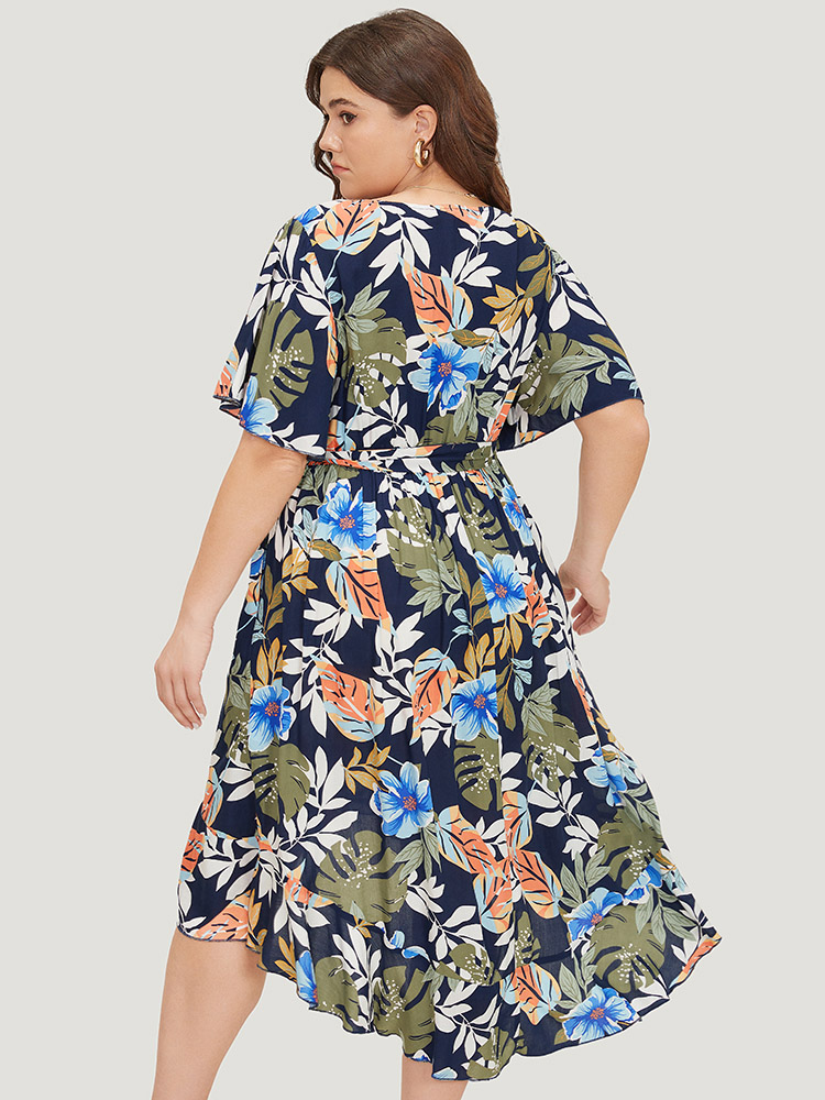 Plus Size Women Dailywear Floral Asymmetrical Ruffle Sleeve Short sleeve V-neck Pocket Belt Elegant Dresses BloomChic 