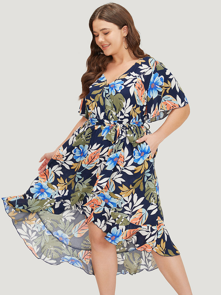 Plus Size Women Dailywear Floral Asymmetrical Ruffle Sleeve Short sleeve V-neck Pocket Belt Elegant Dresses BloomChic 