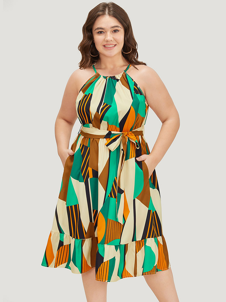 

Plus Size Geometric Contrast Keyhole Knot Pocket Belt Halter Dress Multicolor Women Elegant Non Halter neck Sleeveless Curvy Midi Dress BloomChic