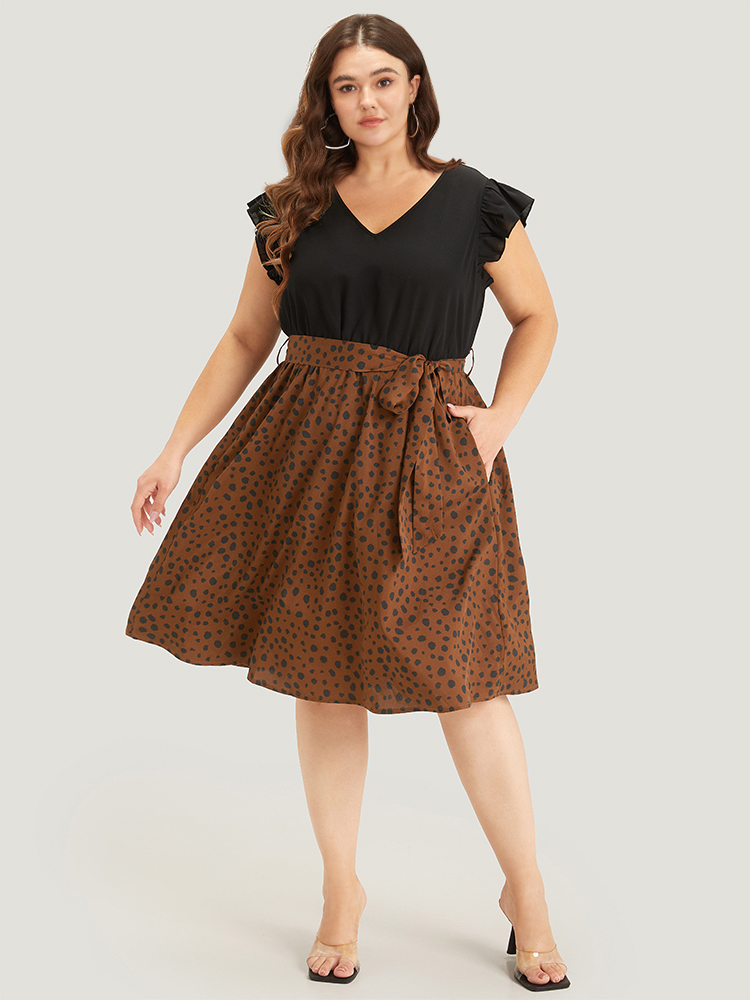 

Plus Size Leopard Patchwork Pocket Belt Ruffle Dress DarkBrown Women Elegant Belted V-neck Cap Sleeve Curvy Knee Dress BloomChic