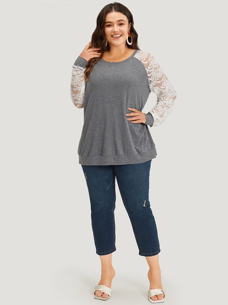 

Plus Size Lace Panel Raglan Sleeve Elastic Cuffs Sweatshirt Women Gray Elegant Elastic cuffs Round Neck Dailywear Sweatshirts BloomChic