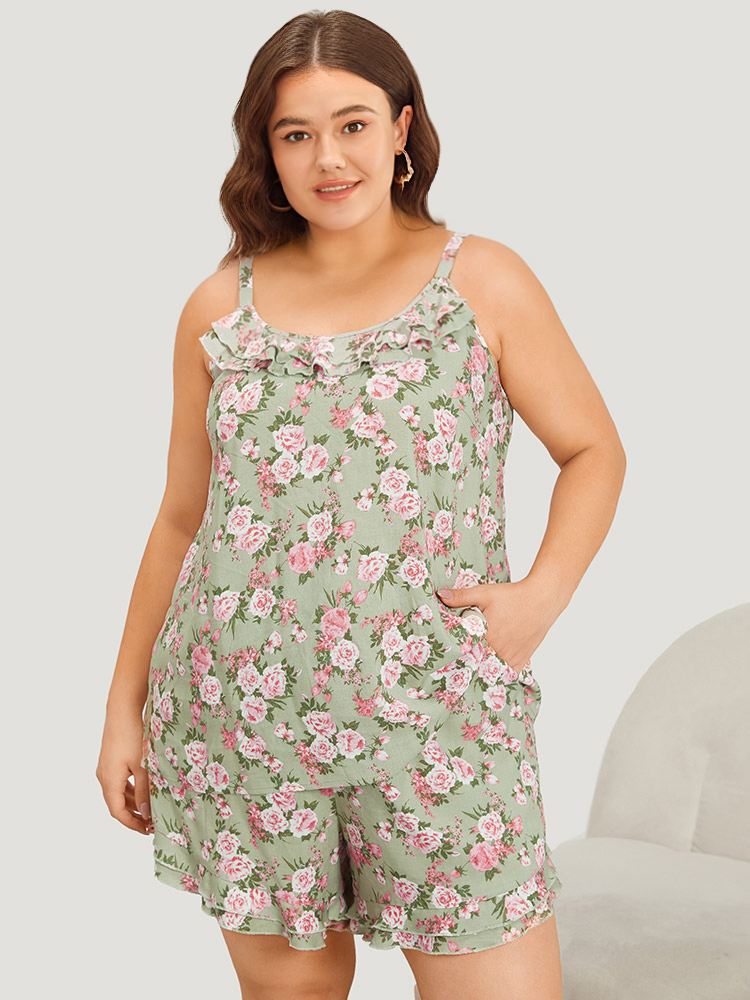 

Plus Size Floral Print Ruffle Trim Tiered Sleep Cami Top Sage Natural Flowers Sleeveless Spaghetti Strap Dailywear Elegant  Bloomchic