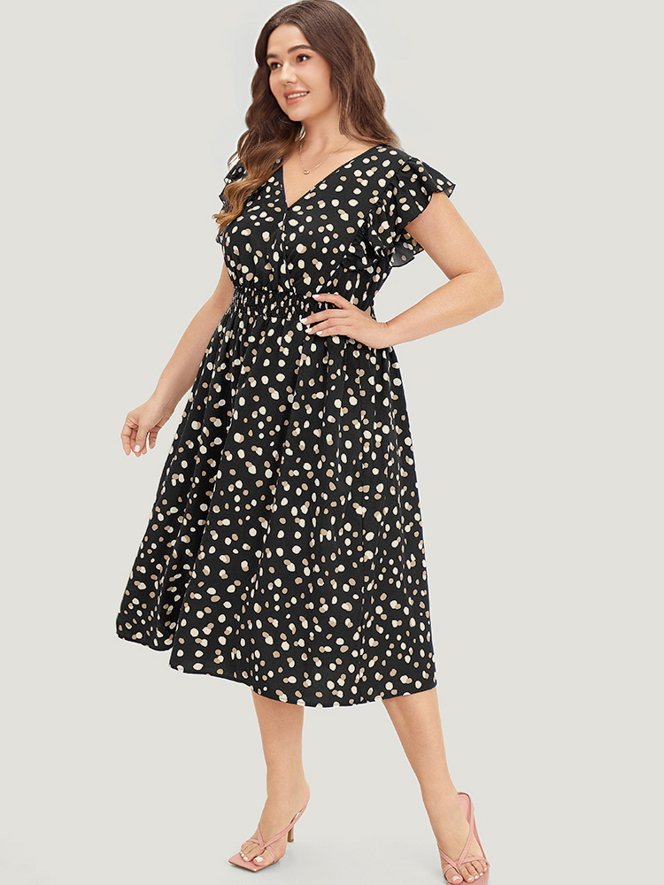 

Plus Size Allover Print Pocket Wrap Flutter Cap Sleeve Dress Black Women Office Wrap V-neck Sleeveless Curvy Midi Dress BloomChic