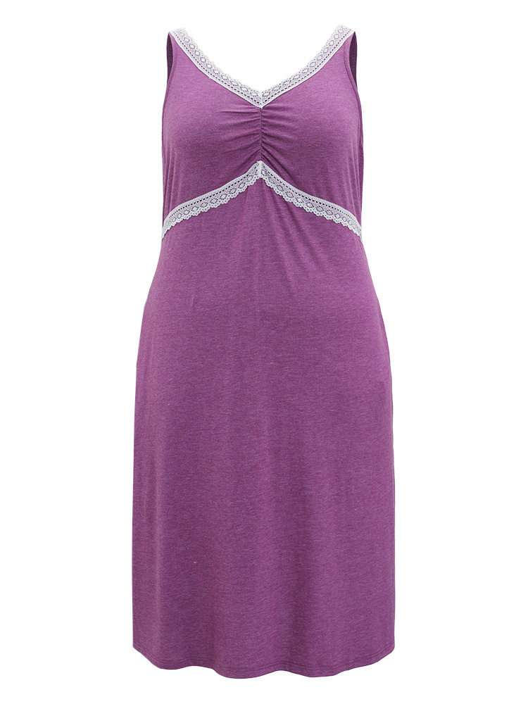 Lace Patchwork Split Side Ruched Cami Sleep Dress BloomChic 