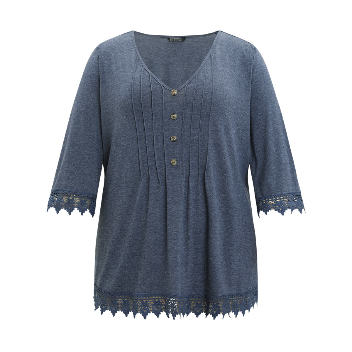 

Plus Size Lace Insert Button Detail Pleated T-shirt DarkBlue Women Elegant Patchwork Plain V-neck Dailywear T-shirts BloomChic
