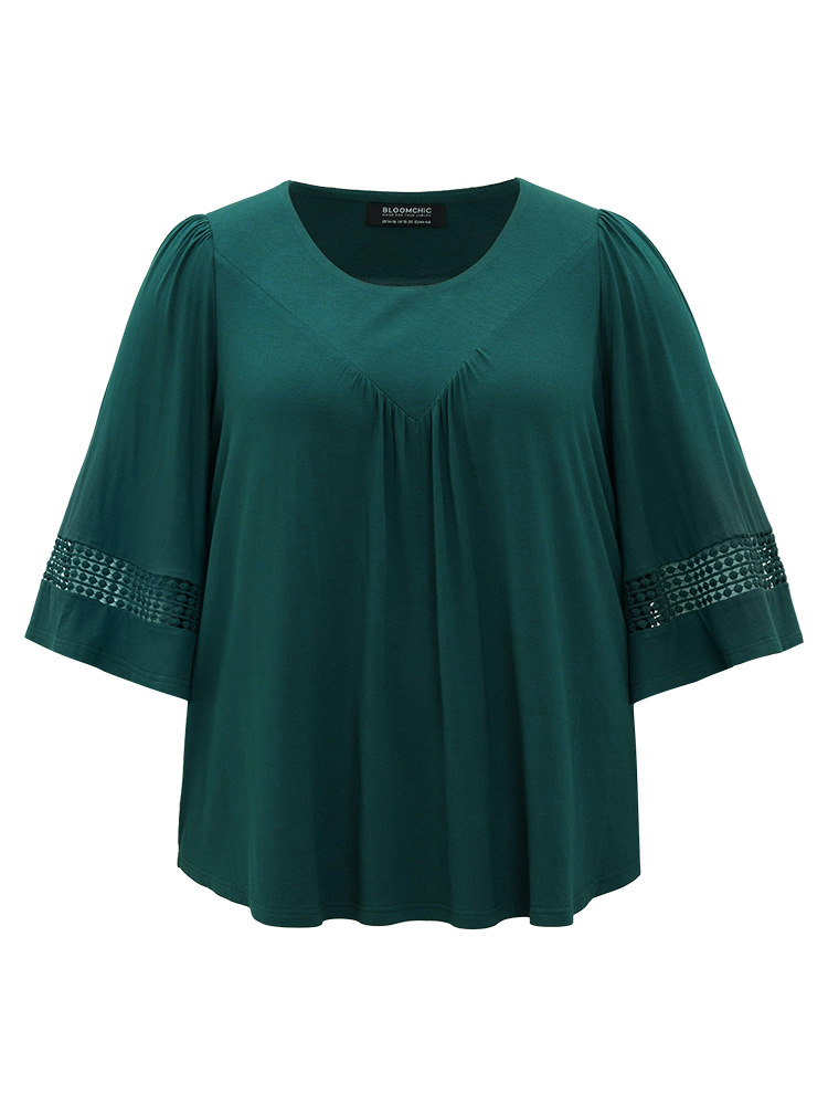 

Plus Size Plain Cut Out Gathered Patchwork T-shirt DarkGreen Round Neck Half Sleeve Elegant Jersey Tops