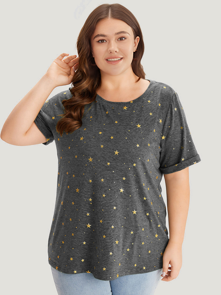 

Plus Size Star Glitter Cuffed Sleeve Crew Neck T-shirt DimGray Women Casual Heather Moon and Star Round Neck Dailywear T-shirts BloomChic