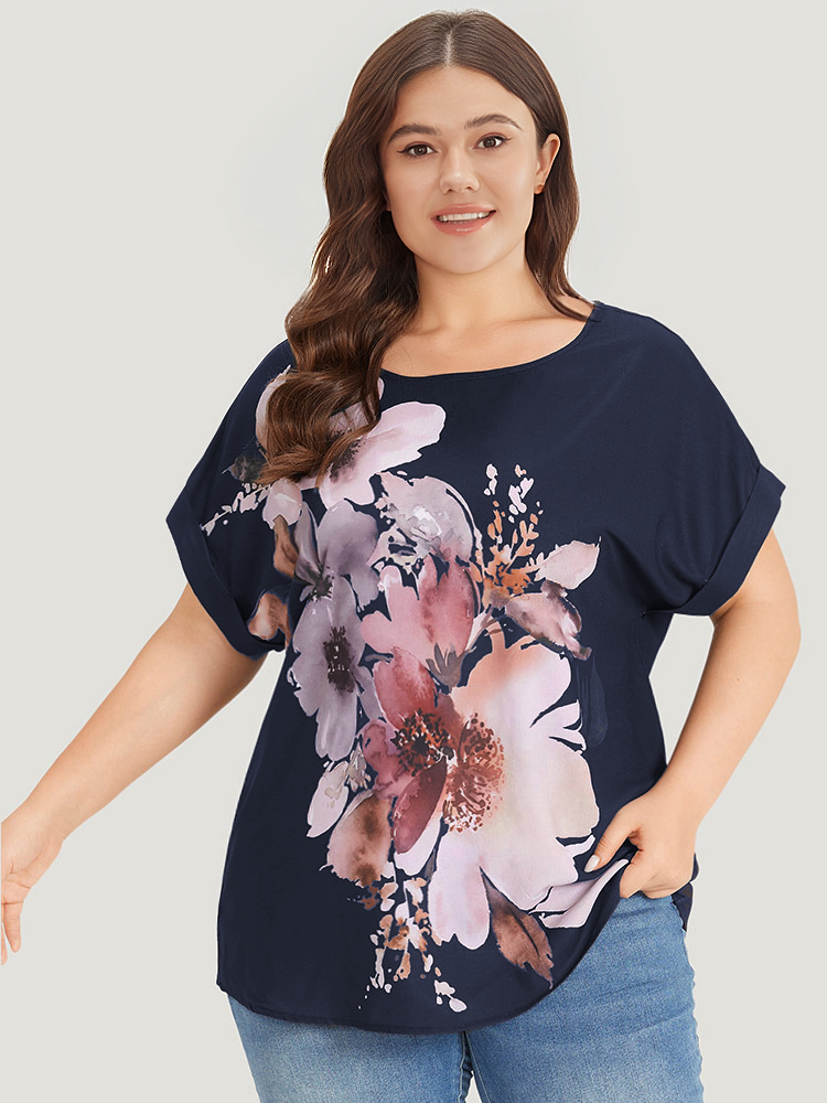 

Plus Size Indigo Floral Print Crew Neck Roll Dolman Sleeve Blouse Women Elegant Short sleeve Round Neck Dailywear Blouses BloomChic