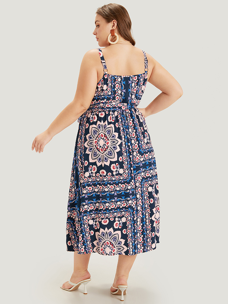 Plus Size Boho Print Belted Split Hem Pocket Cami Dress DarkBlue Women Vacation Gathered V-neck Sleeveless Curvy Midi Dress BloomChic 10/M 