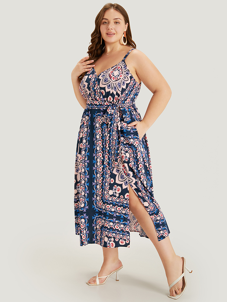 Plus Size Boho Print Belted Split Hem Pocket Cami Dress DarkBlue Women Vacation Gathered V-neck Sleeveless Curvy Midi Dress BloomChic 10/M 