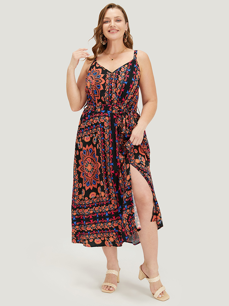 

Plus Size Boho Print Belted Split Hem Pocket Cami Dress Black Women Vacation Gathered V-neck Sleeveless Curvy Midi Dress BloomChic