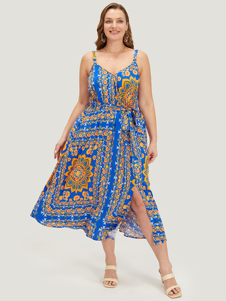 

Plus Size Boho Print Belted Split Hem Pocket Cami Dress Blue Women Vacation Gathered V-neck Sleeveless Curvy Midi Dress BloomChic