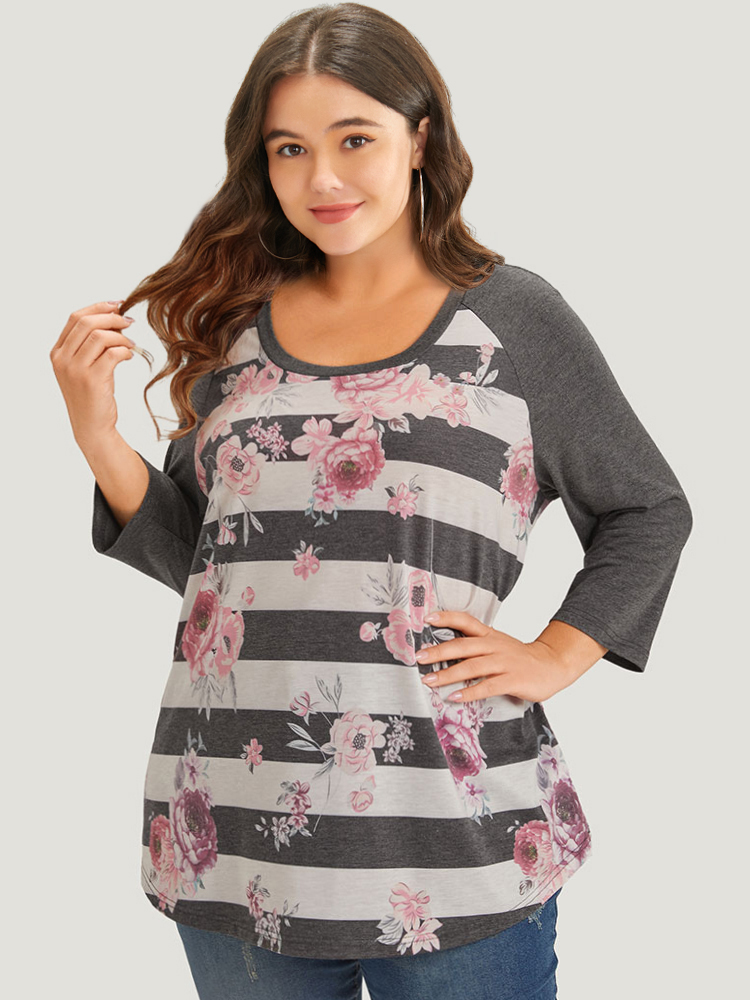 

Plus Size Striped Floral Patchwork Round Neck Raglan Sleeve T-shirt Gray Women Casual Printed Striped Round Neck Dailywear T-shirts BloomChic