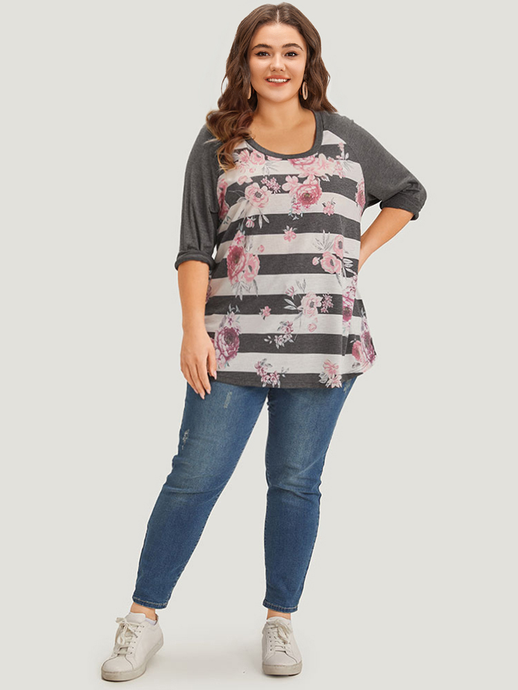 Plus Size Striped Floral Patchwork Round Neck Raglan Sleeve T-shirt Gray Women Casual Printed Striped Round Neck Dailywear T-shirts BloomChic 22-24/3X 