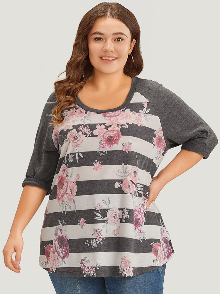 Plus Size Striped Floral Patchwork Round Neck Raglan Sleeve T-shirt Gray Women Casual Printed Striped Round Neck Dailywear T-shirts BloomChic 22-24/3X 