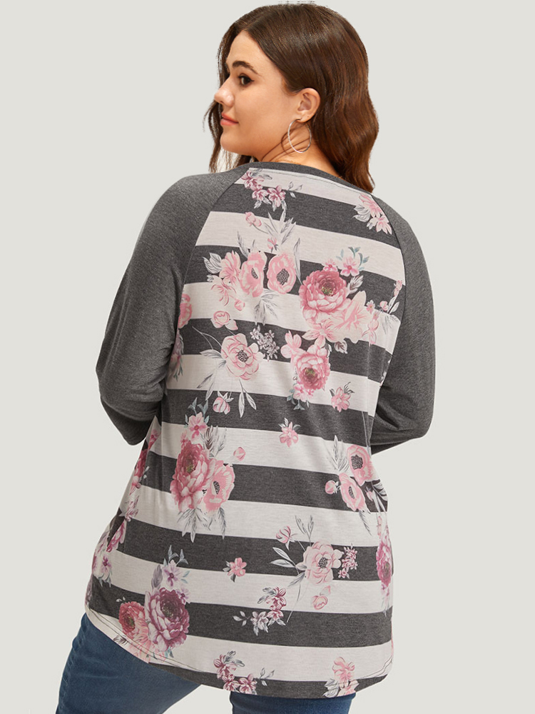 Plus Size Striped Floral Patchwork Round Neck Raglan Sleeve T-shirt Gray Women Casual Printed Striped Round Neck Dailywear T-shirts BloomChic 22-24/3X 