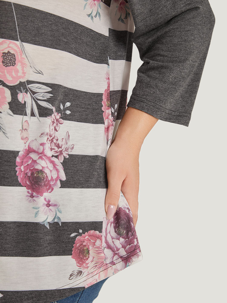 Plus Size Striped Floral Patchwork Round Neck Raglan Sleeve T-shirt Gray Women Casual Printed Striped Round Neck Dailywear T-shirts BloomChic 22-24/3X 