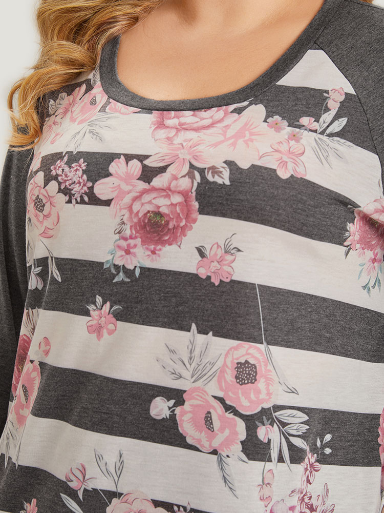 Plus Size Striped Floral Patchwork Round Neck Raglan Sleeve T-shirt Gray Women Casual Printed Striped Round Neck Dailywear T-shirts BloomChic 22-24/3X 
